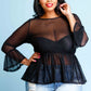 Plus Size Bell Sleeved See Through Mesh See Through Top