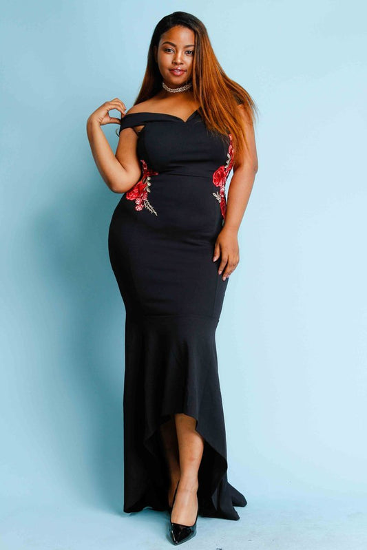 Plus Size Gorgeous Floral Embroidered Showstopper Mermaid Maxi Dress