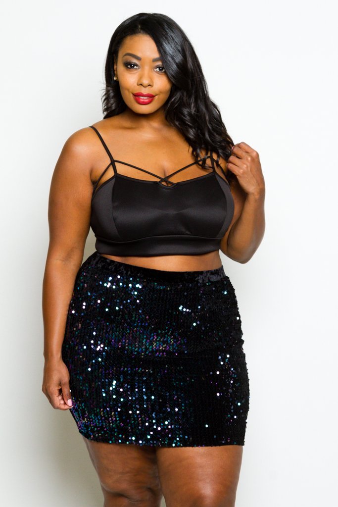 Plus Size Sparkling Sequin and Crushed Soft Velvet Mini Skirt