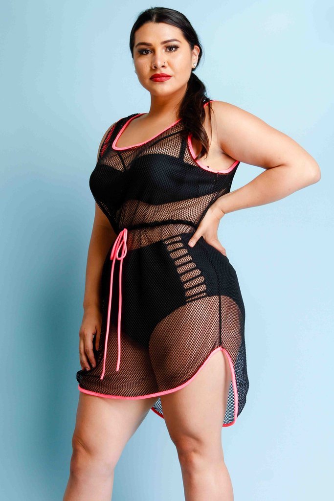 Plus Size Neon Trim Fishnet Dress