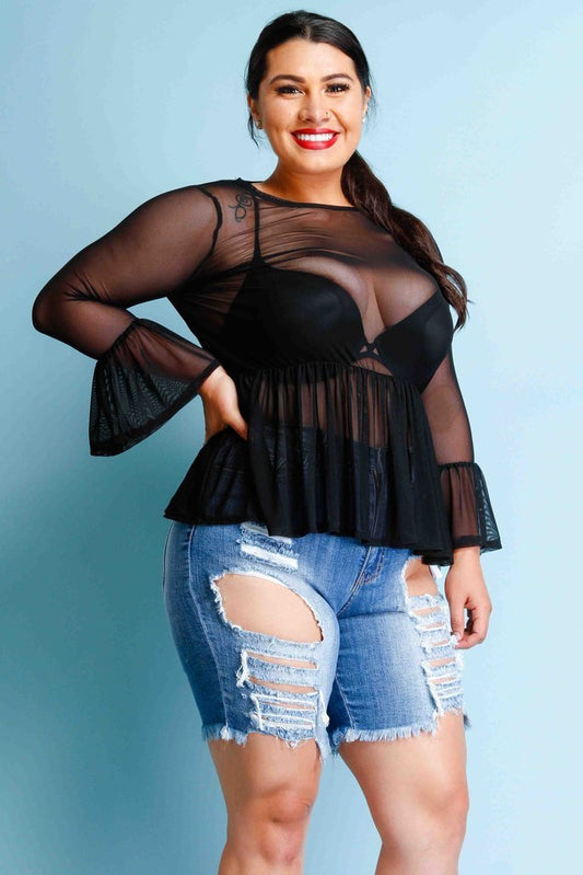 Plus Size Bell Sleeved See Through Mesh See Through Top