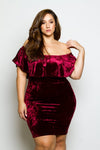 Plus Size Soft Velvet Sexy Off-Shoulder Glam Ruffle Dress