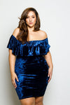 Plus Size Soft Velvet Sexy Off-Shoulder Glam Ruffle Dress