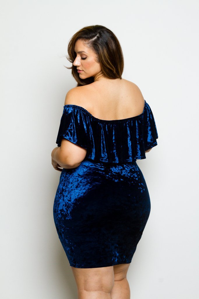 Plus Size Soft Velvet Sexy Off-Shoulder Glam Ruffle Dress