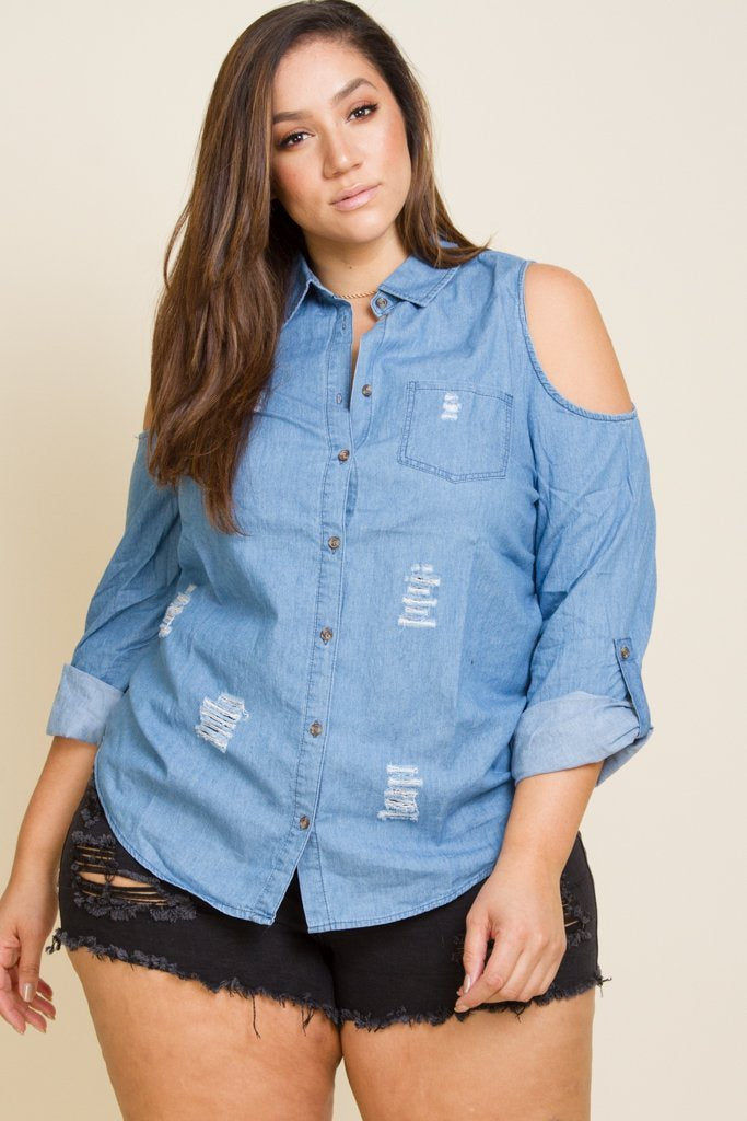 Plus Size Cold Shoulder Denim Shirt