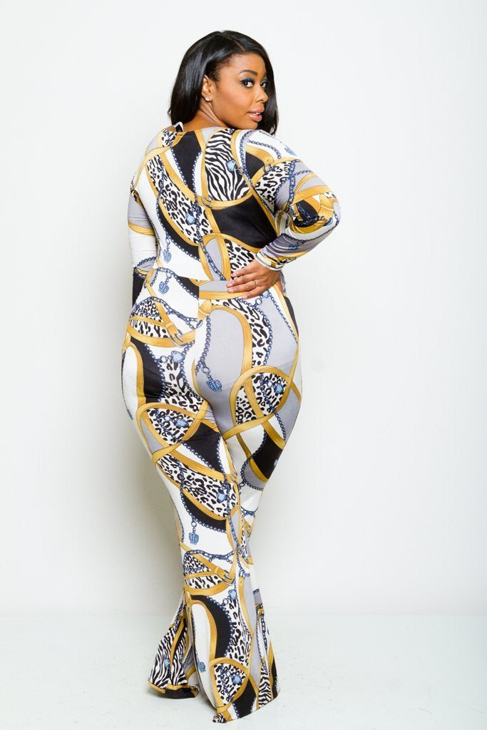 Plus Size Surplice Vintage Unique Printed Jumpsuit