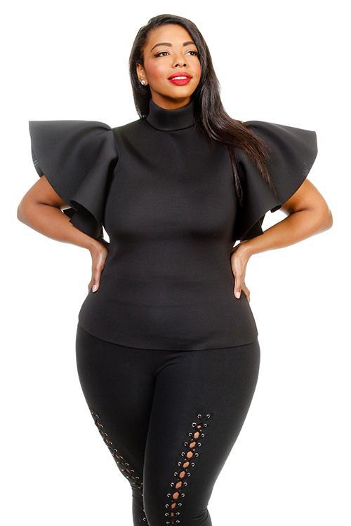 Plus Size Mock Neck Glam Ruffle Sleeves Top