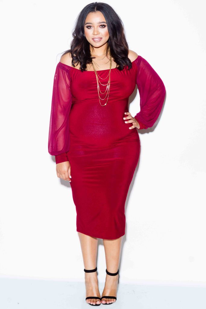 Plus Size Sexy Off Shoulder See Through Mesh Sleeve Dress
