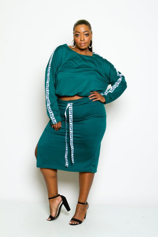 Plus Size LOVE Long Sleeve Top and Skirt Set