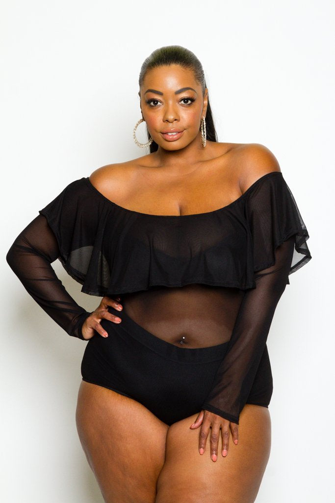 Plus Size Sexy Off Shoulder See Through Mesh Bodysuit