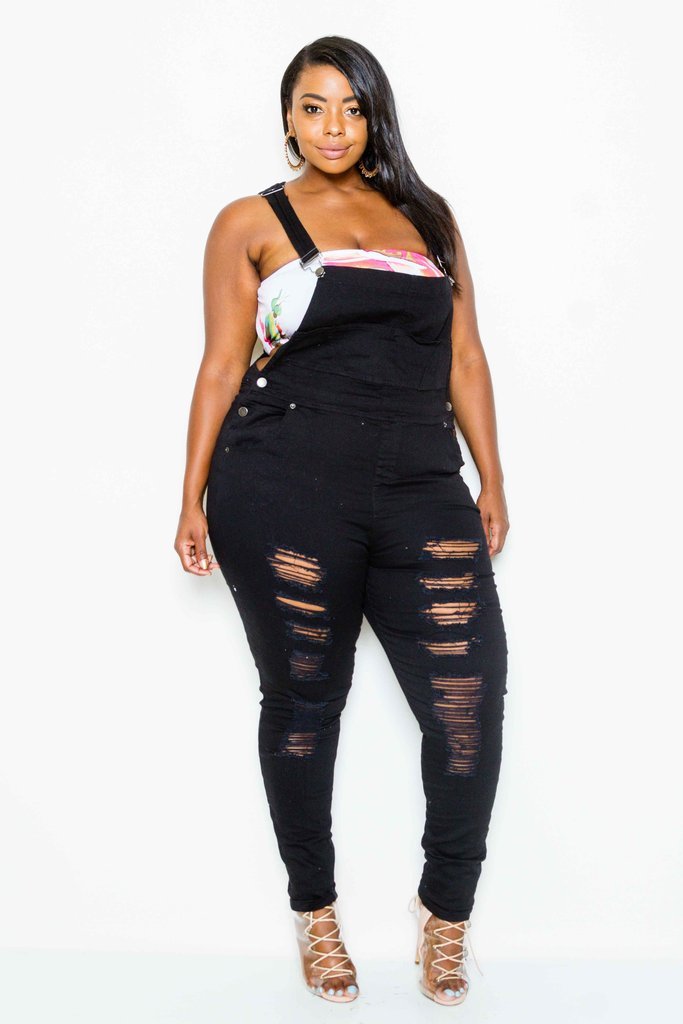 Plus Size Trendy Distressed Twill Overall
