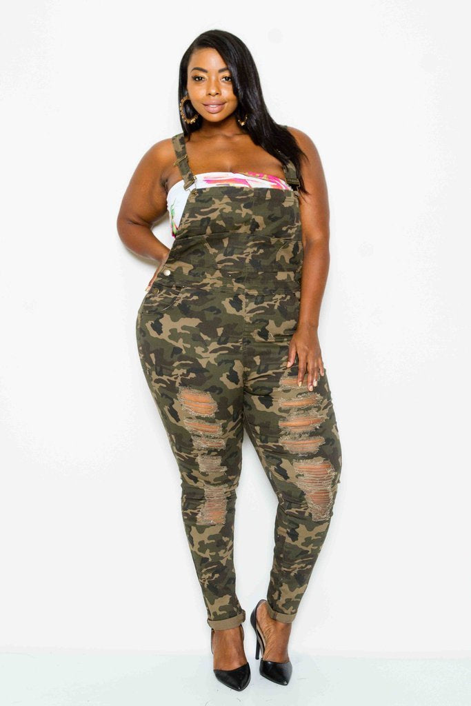 Plus Size Trendy Distressed Twill Overall