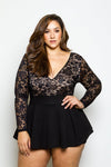 Plus Size Lace Long Sleeve Peplum Skirt Romper