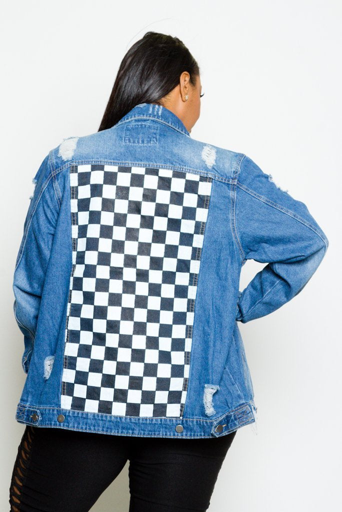 Plus Size Checkered Unique Print Denim Jacket