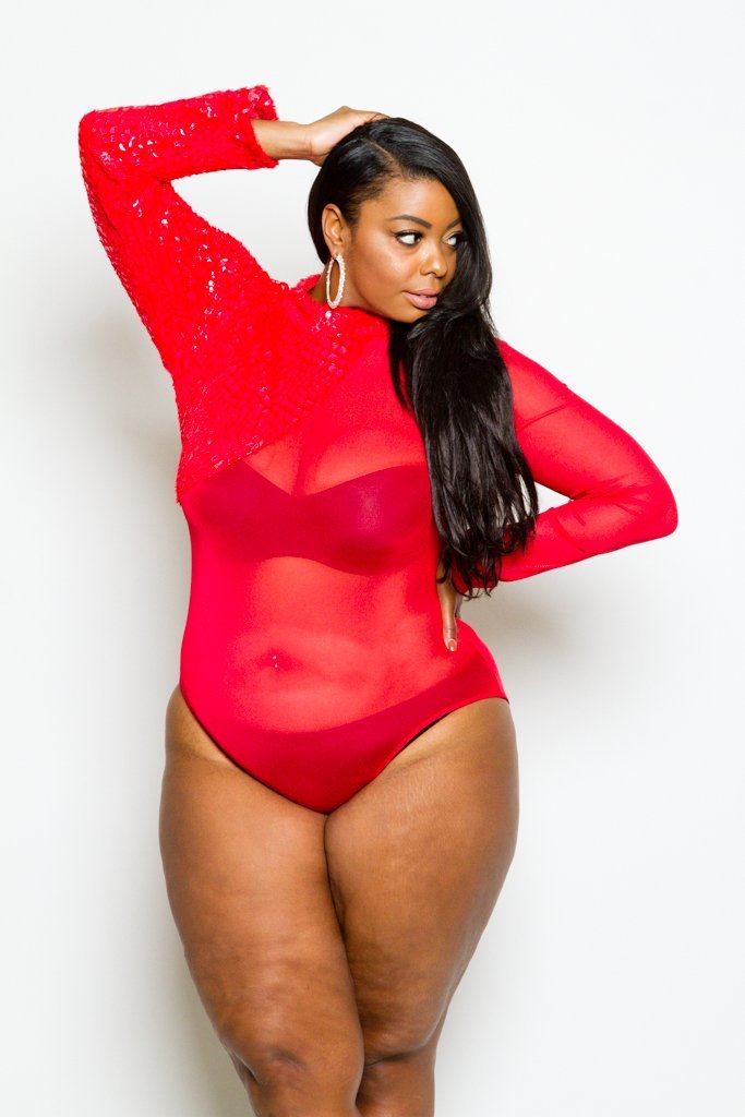 Plus Size Long Sleeve Sparkling Sequin See Through Mesh Bodysuit