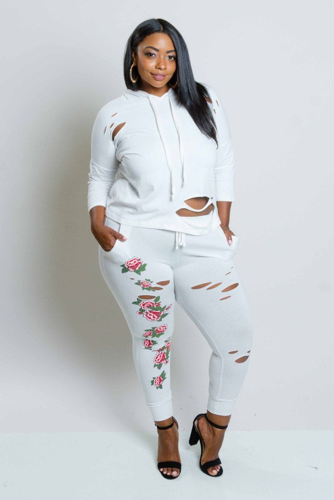 Plus Size Gorgeous Floral Trendy Distressed Jogger Set