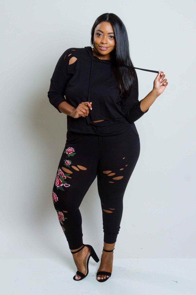 Plus Size Gorgeous Floral Trendy Distressed Jogger Set