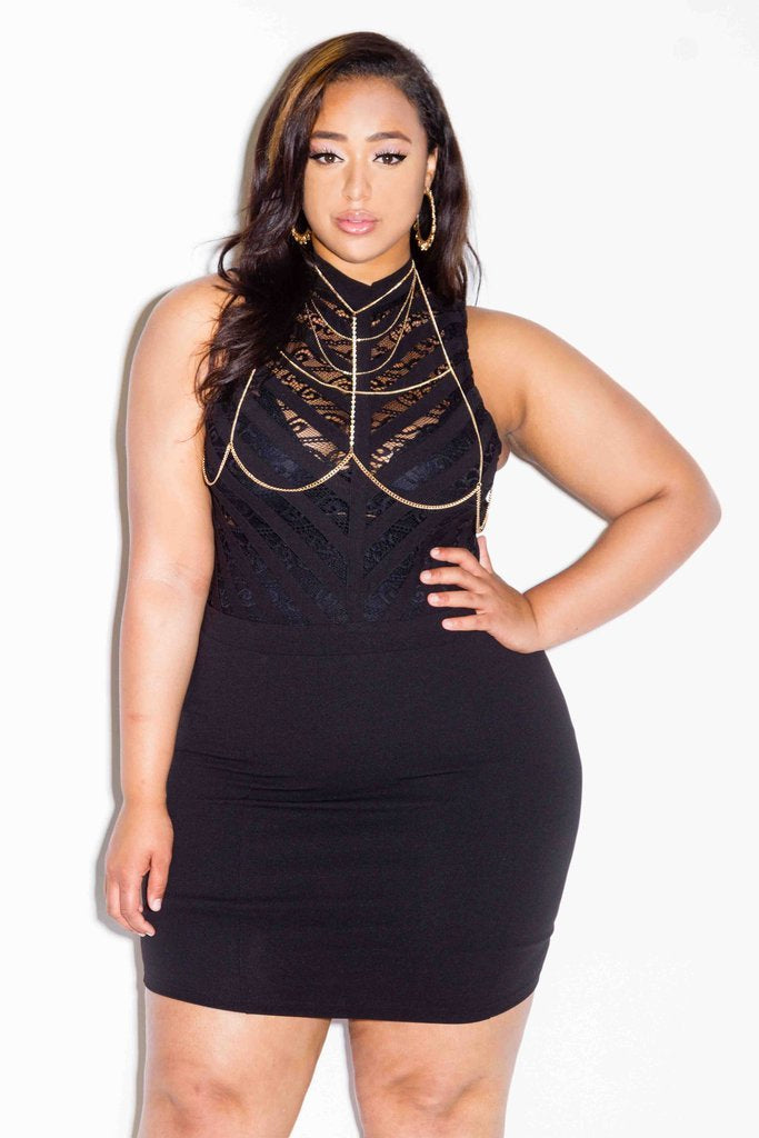 Plus Size Mini Dress with Sexy Lace Bib