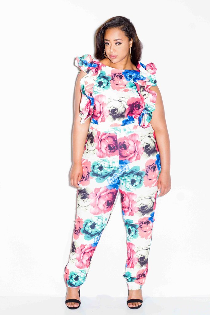 Plus Size Rose Jumpsuit with Glam Ruffle Sleeves