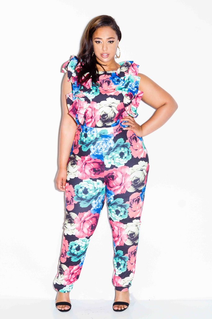 Plus Size Rose Jumpsuit with Glam Ruffle Sleeves