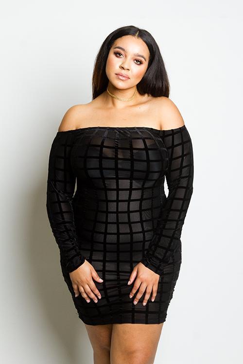 Plus Size Soft Velvet Grid See Through Mesh Dress