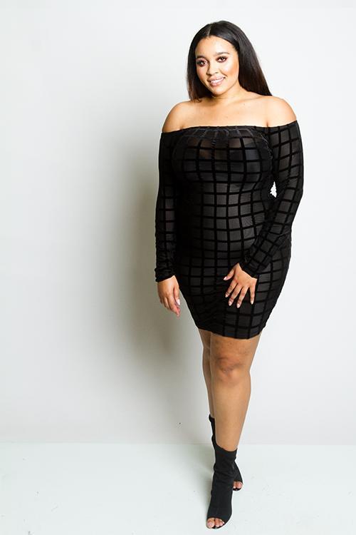 Plus Size Soft Velvet Grid See Through Mesh Dress