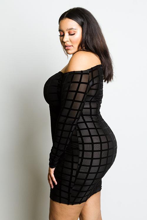 Plus Size Soft Velvet Grid See Through Mesh Dress