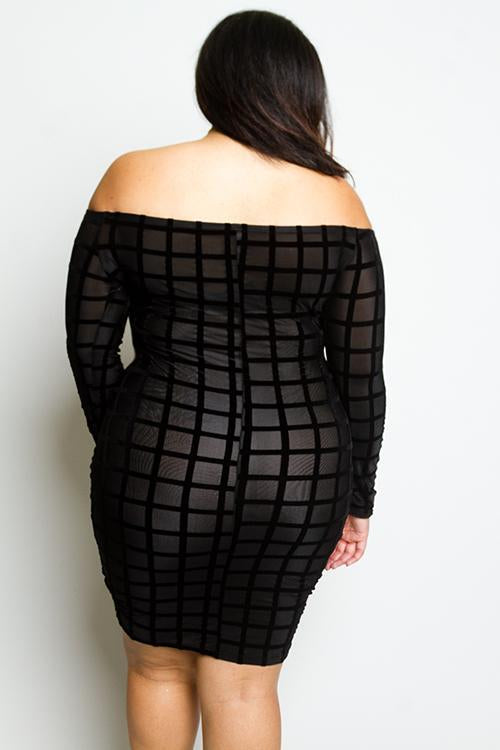 Plus Size Soft Velvet Grid See Through Mesh Dress