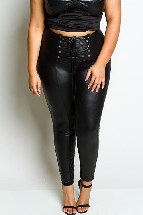 Plus Size Leather Effect Sexy Lace Up  Pants