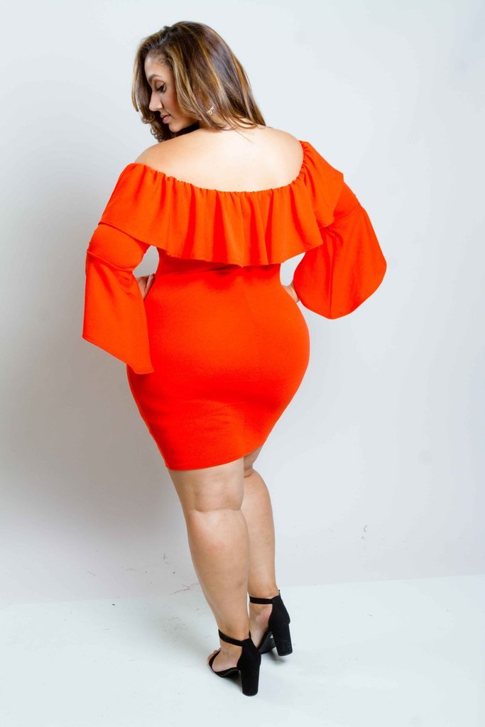 Plus Size Sexy Off Shoulder Dress with Bell Sleeves