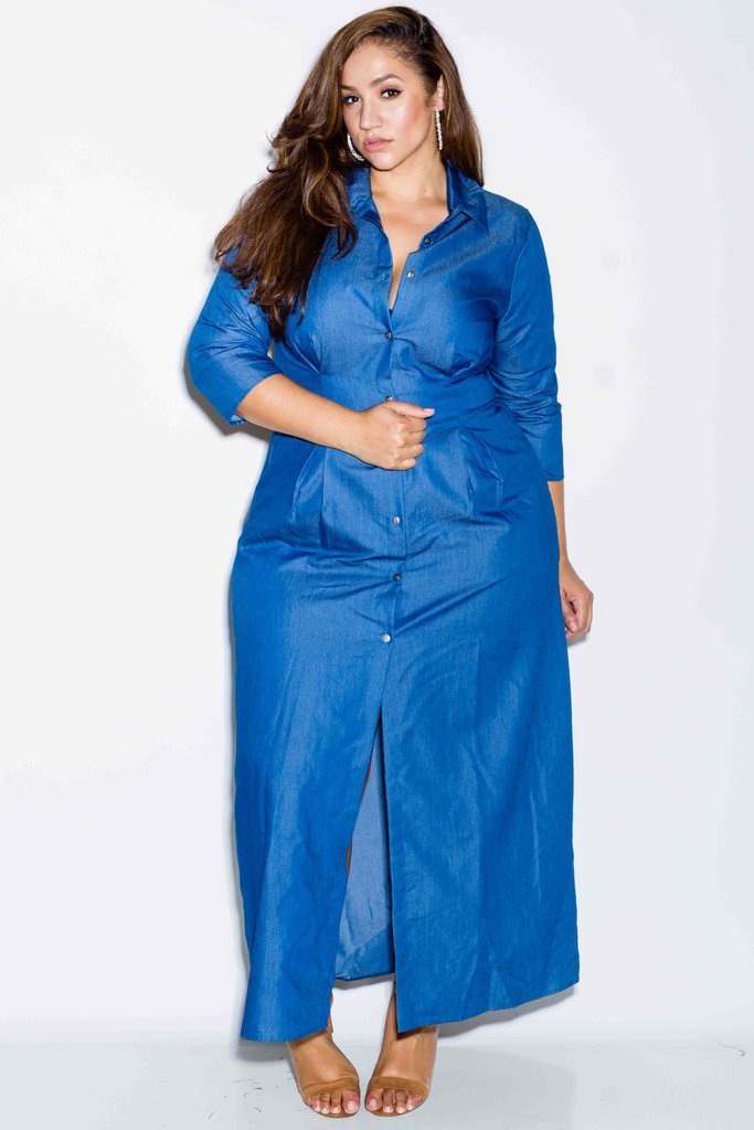 Plus Size Maxi Chambray Shirt Dress