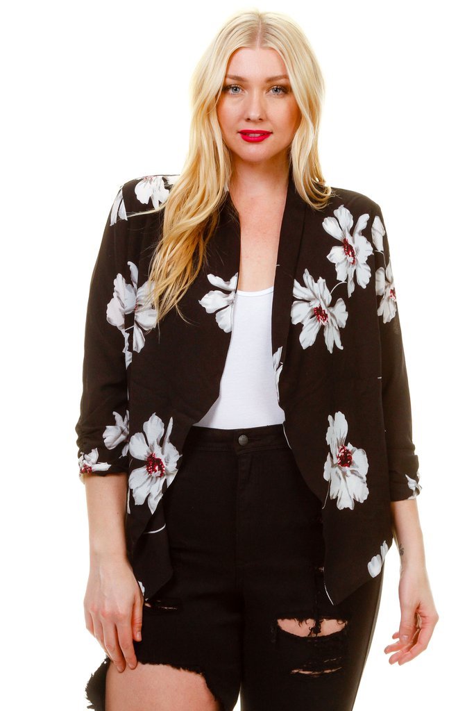 Plus Size Gorgeous Floral Unique Print Adjustable Sleeve Blazer