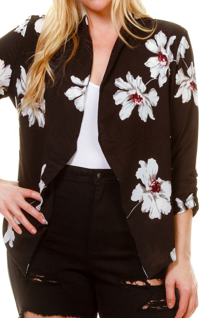 Plus Size Gorgeous Floral Unique Print Adjustable Sleeve Blazer