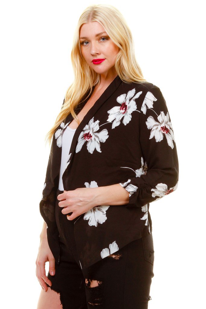 Plus Size Gorgeous Floral Unique Print Adjustable Sleeve Blazer