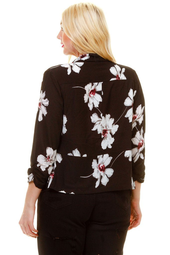 Plus Size Gorgeous Floral Unique Print Adjustable Sleeve Blazer