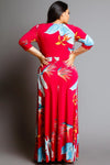 Plus Size Unique Printed 3/4 Sleeve Maxi Wrap Dress