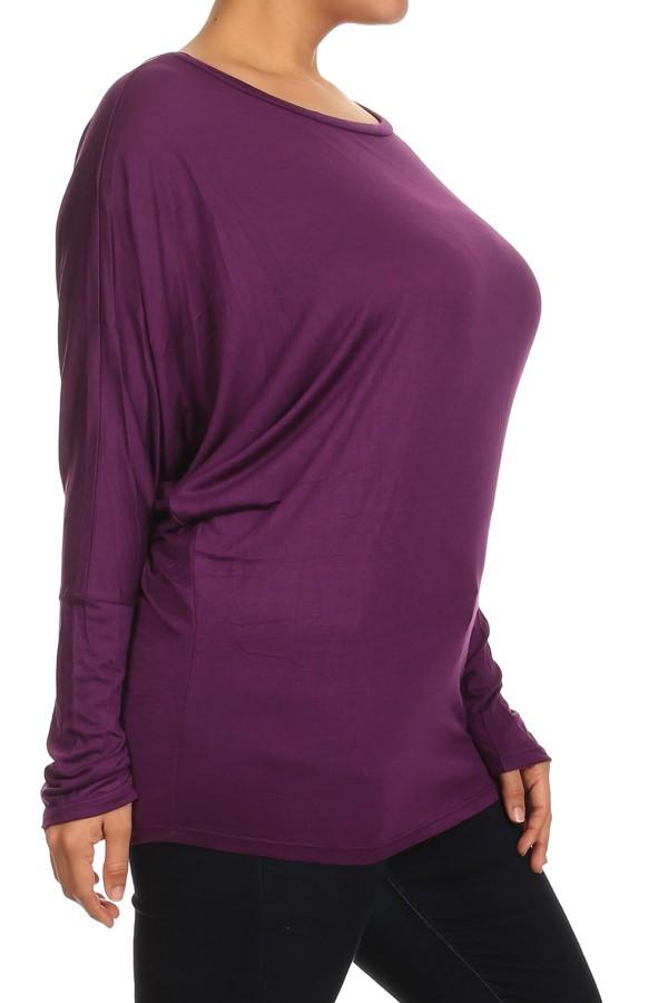 Plus Size Jersey Knit Dolman Top With Long Sleeves Top - Purple
