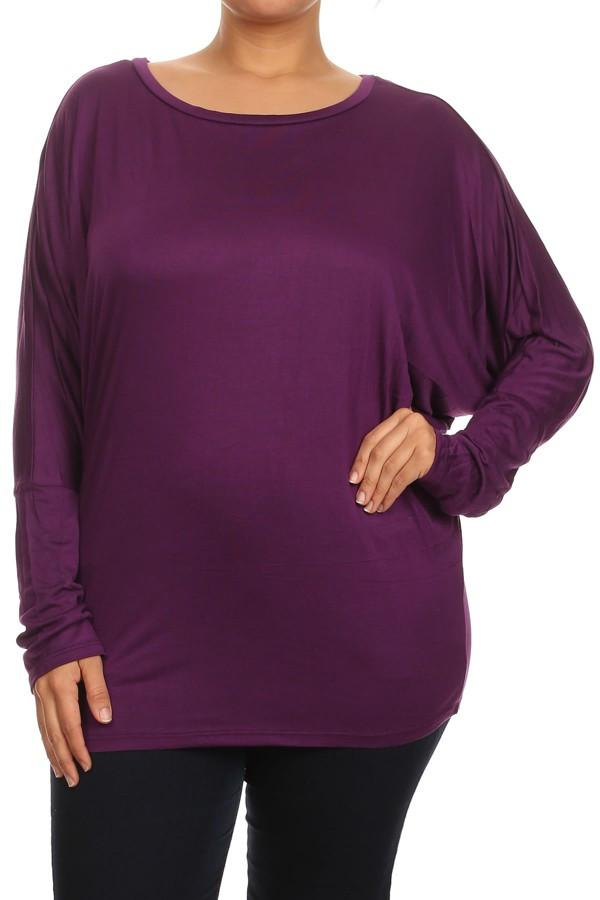 Plus Size Jersey Knit Dolman Top With Long Sleeves Top - Purple