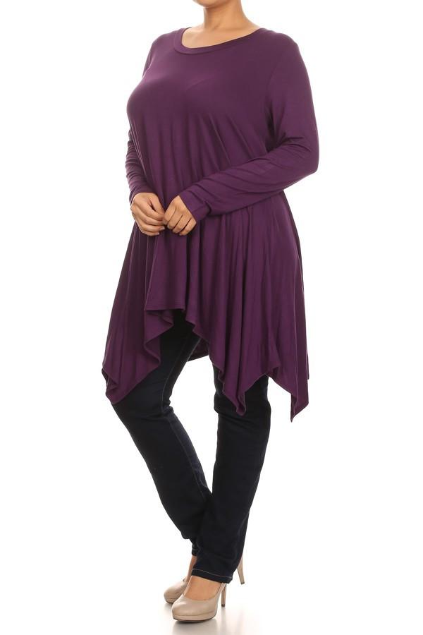 Plus Size Solid Long Sleeve Relaxed Fit Round Neck Tunic - Purple