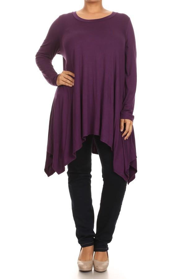 Plus Size Solid Long Sleeve Relaxed Fit Round Neck Tunic - Purple