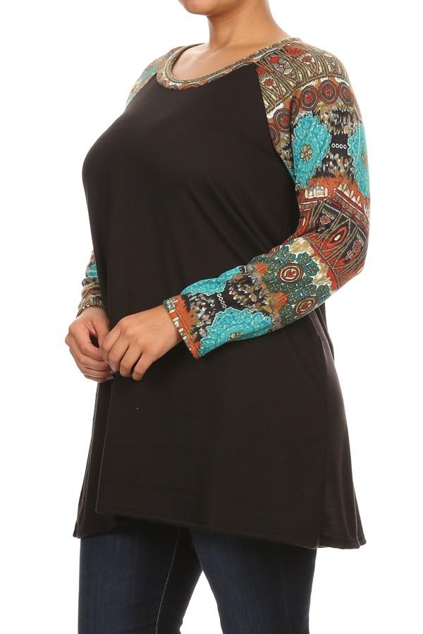 Plus Size Waist Length Long Sleeve Top With Crew Neck -Jade