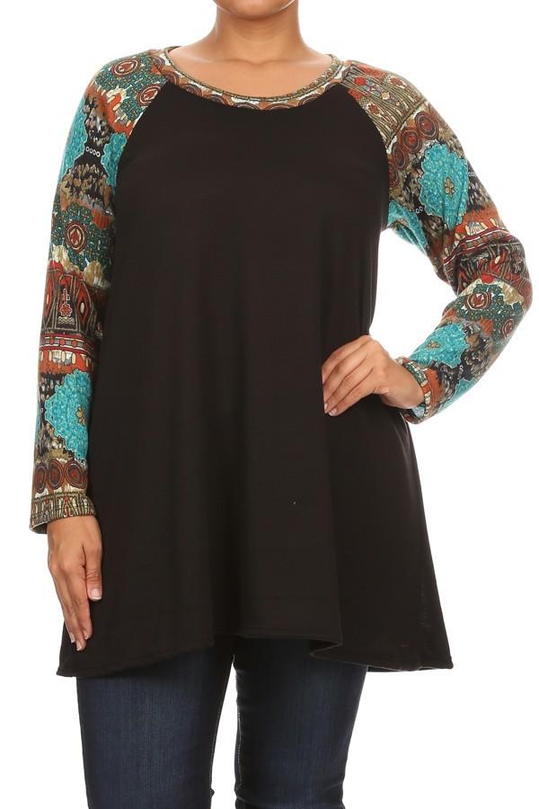 Plus Size Waist Length Long Sleeve Top With Crew Neck -Jade