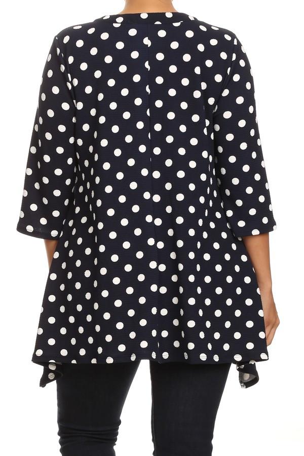 Plus Size Polka Dot Print Waist Length 3/4 Sleeve Top - Navy