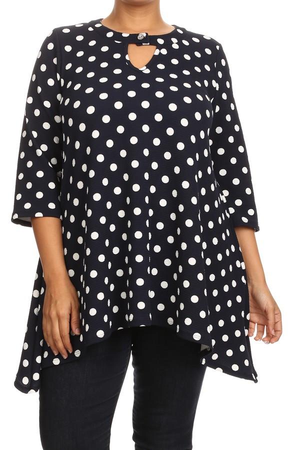 Plus Size Polka Dot Print Waist Length 3/4 Sleeve Top - Navy