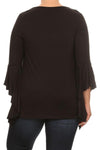Plus Size Solid Top Long Flutter Sleeves Round Neck - Black