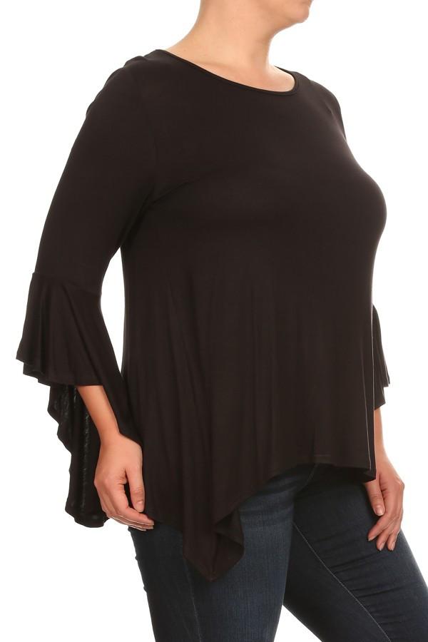 Plus Size Solid Top Long Flutter Sleeves Round Neck - Black