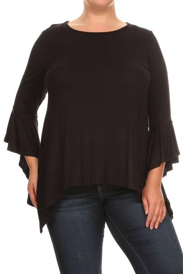 Plus Size Solid Top Long Flutter Sleeves Round Neck - Black