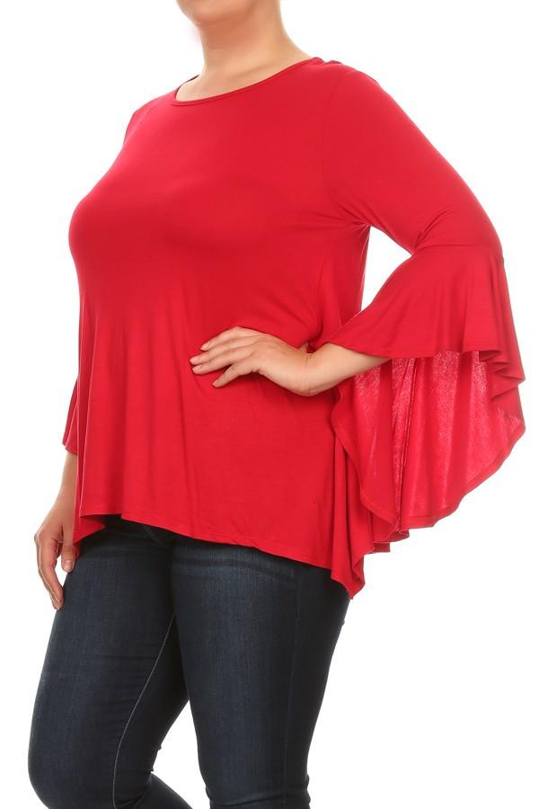 Plus Size Solid Top Relaxed Fit With Long Flutter Sleeves -Red