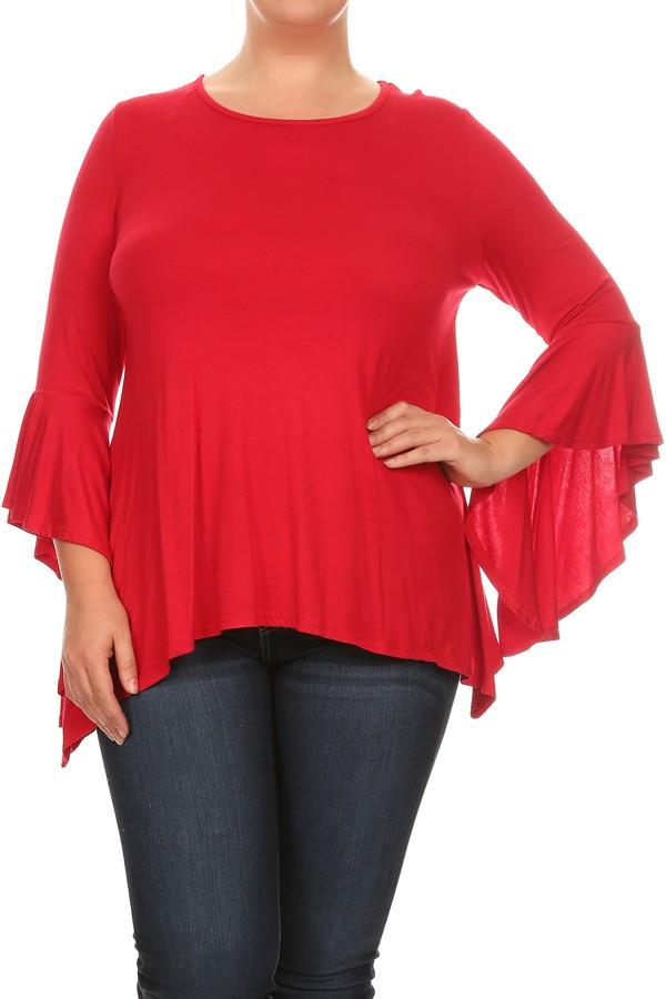 Plus Size Solid Top Relaxed Fit With Long Flutter Sleeves -Red