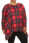 Plus Size Plaid Printed Knit Tunic Top With Long Sleeves - Redplaid